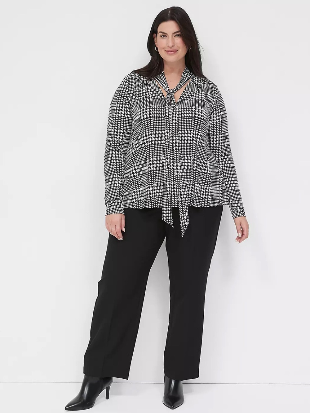 Lane Bryant Black and White Houndstooth Tie-Neck Blouse
